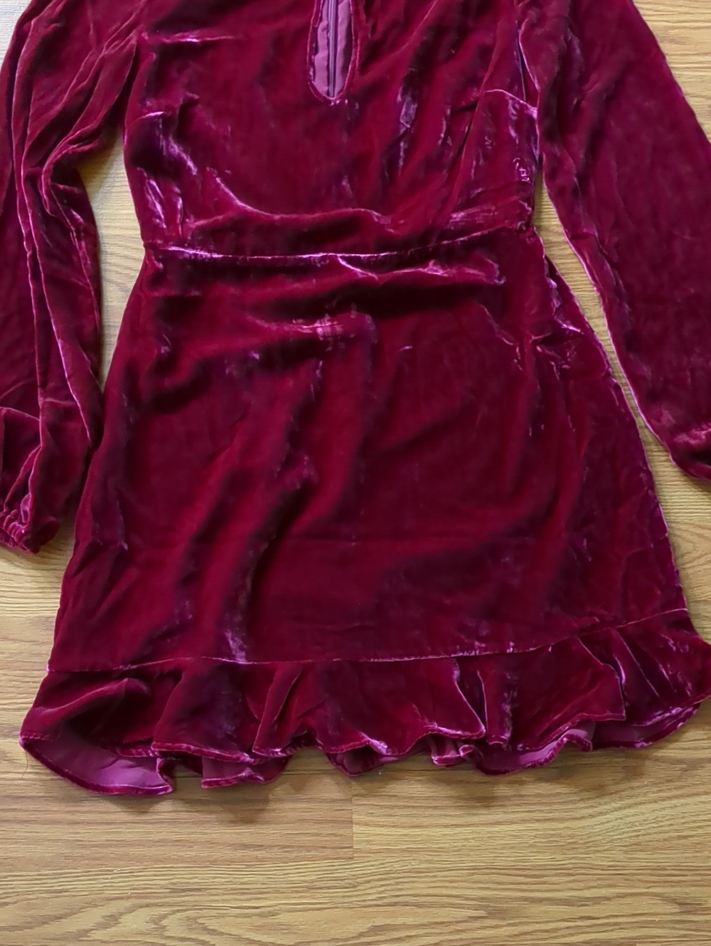 For Love & Lemons Raspberry Velvet Long Sleeve Keyhole Ruffle Mini Dress - Picture 4 of 7
